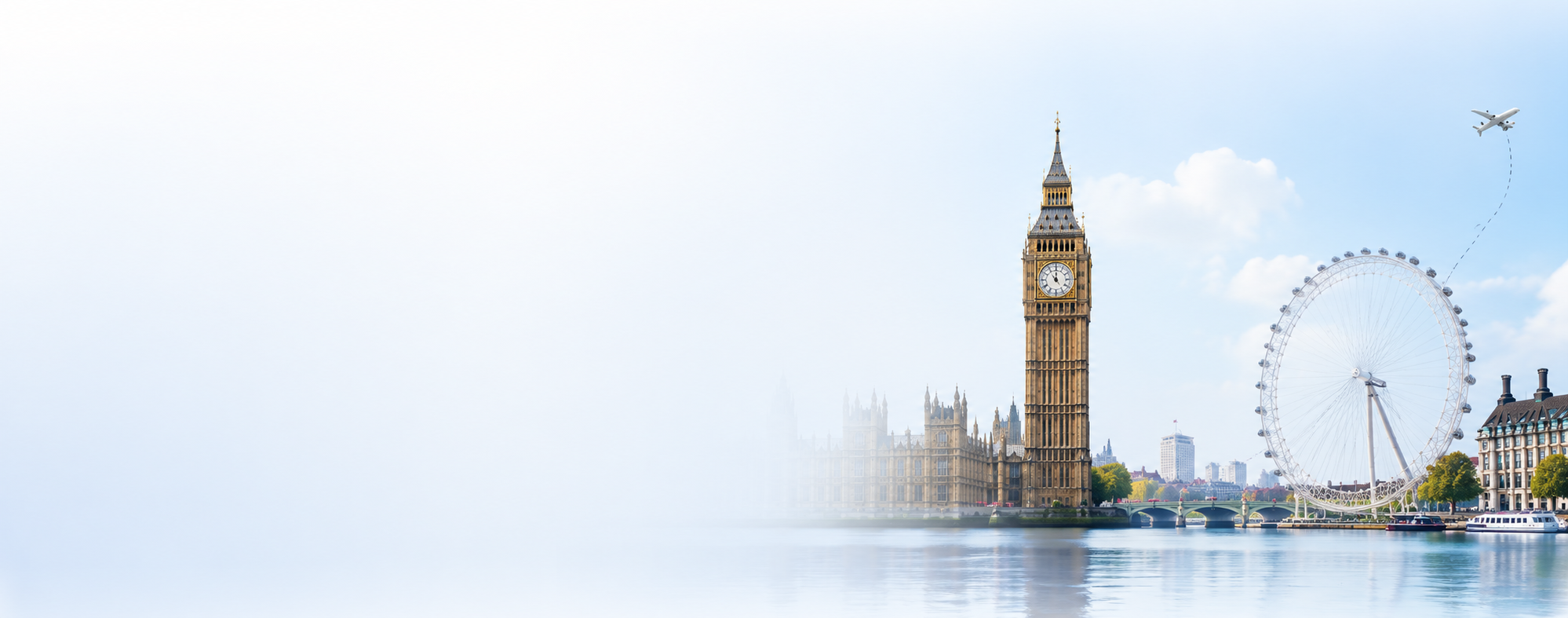London skyline with Big Ben, London Eye and airplane